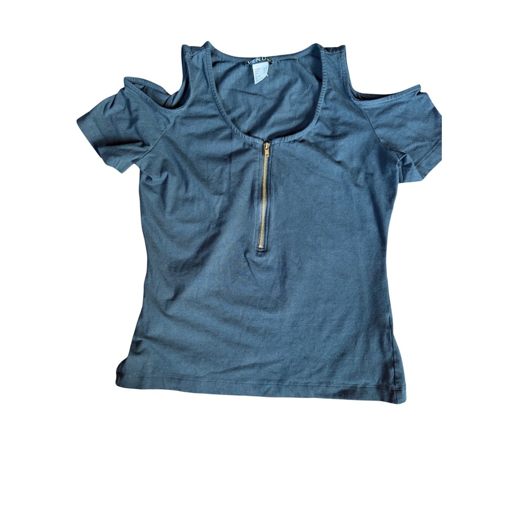 Venus Black Cold Shoulder Short Sleeve Zip Front Scoop‎ Neck Top Small